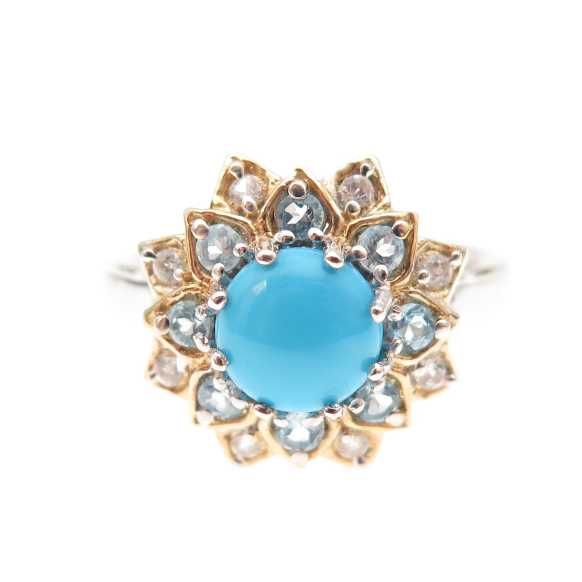 Chuck Clemency Sterling 2-Tone Real Turquoise Blue & White Topaz Ring Size 8.25