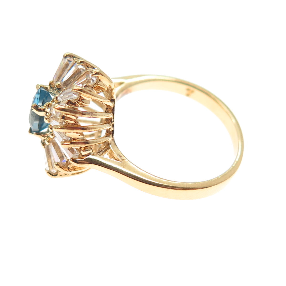925 Sterling Silver Gold Plated Real London Blue Topaz & C Z Ring Size 6.75