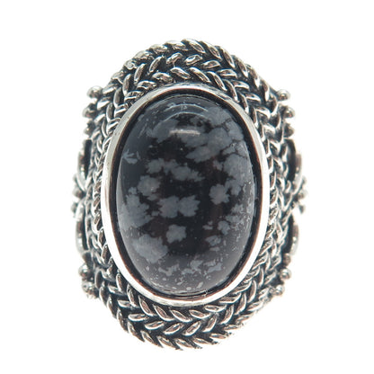 925 Sterling Silver Vintage Snowflake Obsidian Braided Oxidized Ring Size 9.5