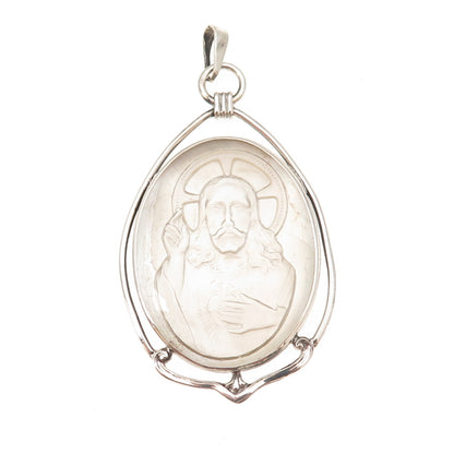 925 Sterling Silver Vintage Real Carved MOP Jesus Cameo Charm Pendant