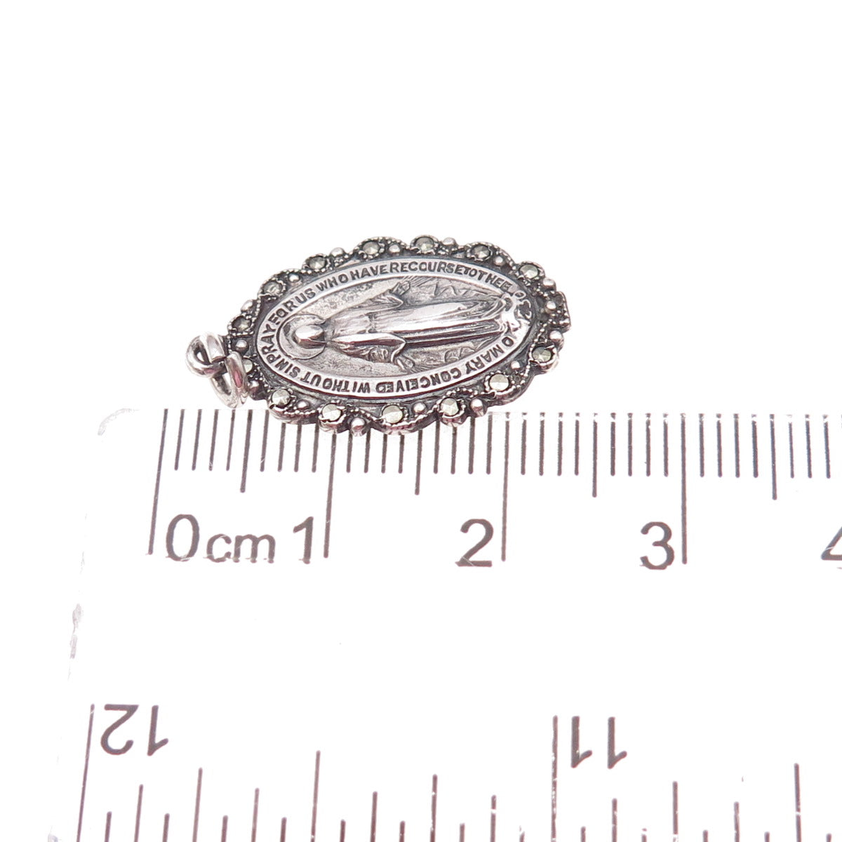925 Sterling Silver Antique Art Deco Real Marcasite St. Mary Miraculous Pendant
