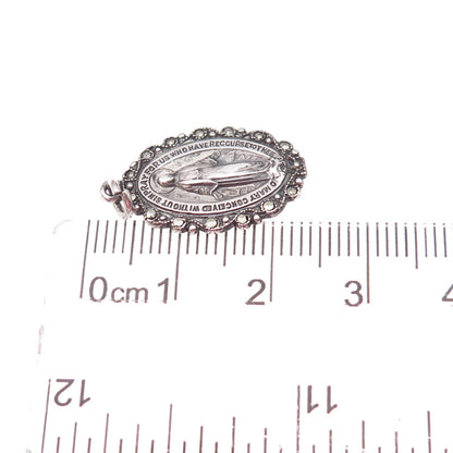 925 Sterling Silver Antique Art Deco Real Marcasite St. Mary Miraculous Pendant