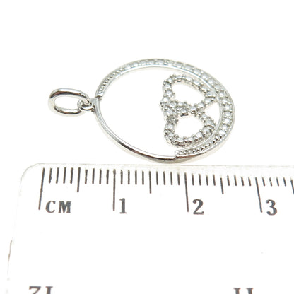 HAN 925 Sterling Silver Round-Cut C Z Crescent Moon Double Heart Pendant