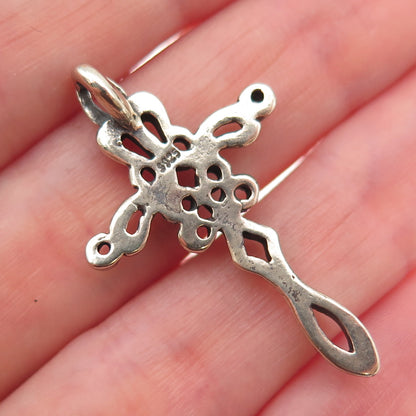 925 Sterling Silver Vintage Fleur de Lis Cross Oxidized Slide Pendant