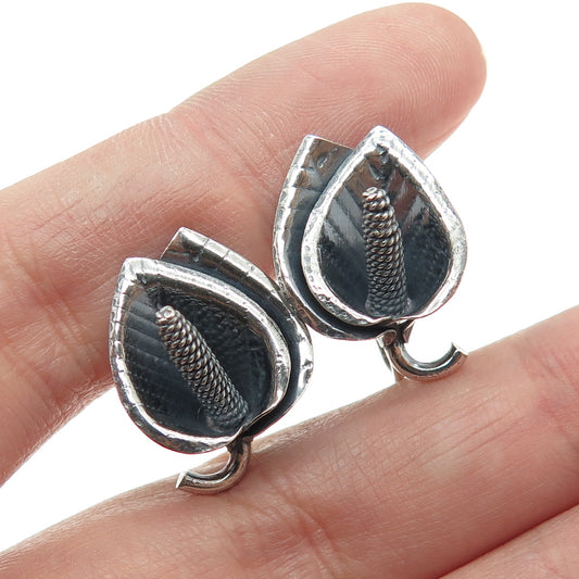 925 Sterling Silver Antique Art Deco Calla Lily Oxidized Screw Back Earrings