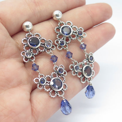 925 Sterling Silver Vintage Real Iolite & Crystal Floral Dangling Earrings