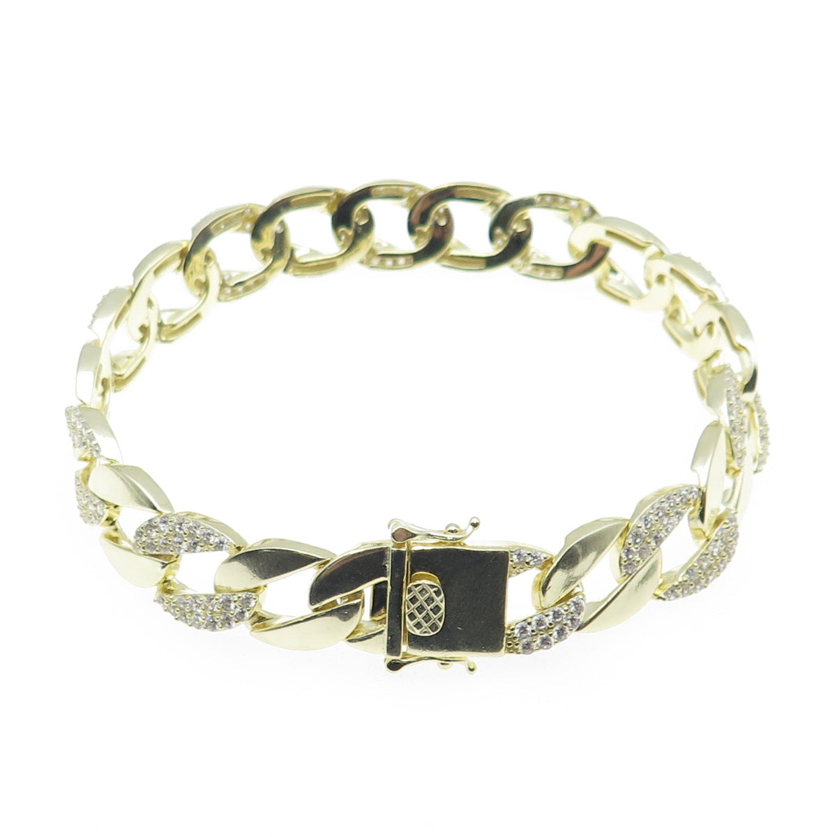 925 Sterling Silver Gold Plated Round-Cut C Z Curb Link Bracelet 8.5"
