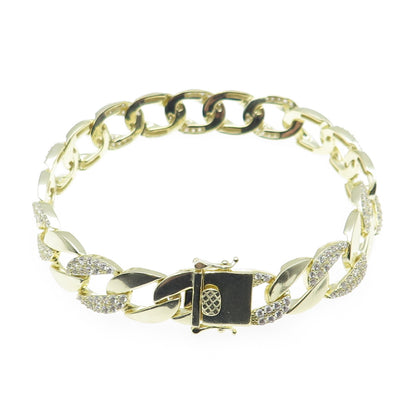 925 Sterling Silver Gold Plated Round-Cut C Z Curb Link Bracelet 8.5"