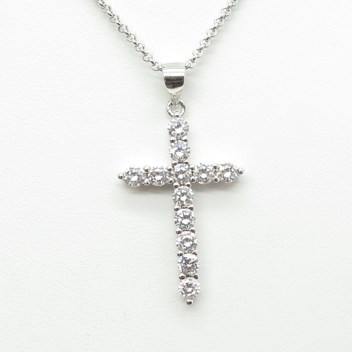 925 Sterling Silver Italy Round-Cut C Z Cross Rolo Chain Necklace 16"