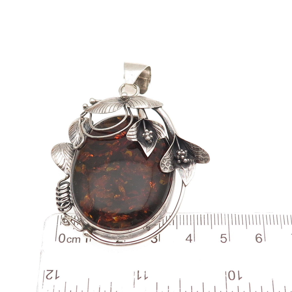 ZIV 925 Sterling Silver Vintage Real Amber Modernist Floral Oxidized Pendant