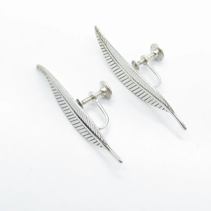925 Sterling Silver Vintage Jewelart Leaf Striped Screw Back Earrings