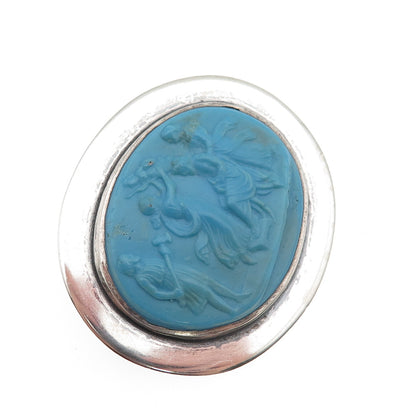 Native Crafts Sterling Silver Antique Art Deco Ceramic Greek Scene Pin Brooch