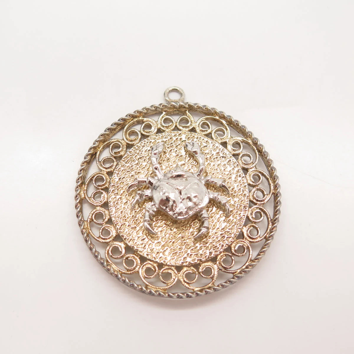 925 Sterling Silver 2-Tone Vintage Textured Cancer Zodiac Sign Round Pendant