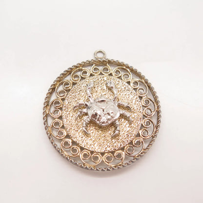 925 Sterling Silver 2-Tone Vintage Textured Cancer Zodiac Sign Round Pendant