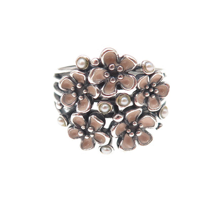 Pandora 925 Sterling Silver Enamel Real Pearl Cherry Blossom Bouquet Ring Size 7