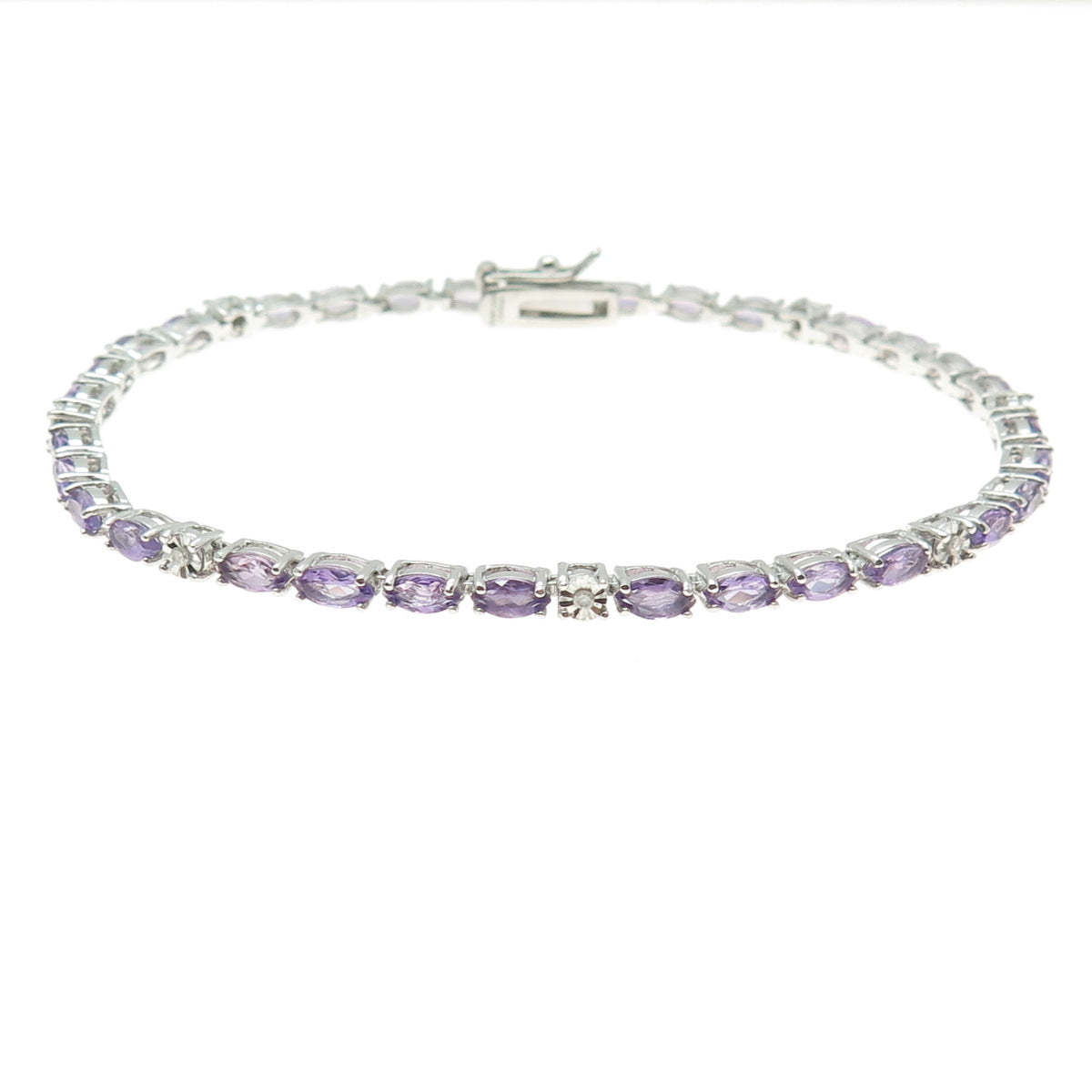925 Sterling Silver Real Diamond & Marquise-Cut Amethyst Bracelet 7.75"