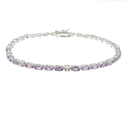925 Sterling Silver Real Diamond & Marquise-Cut Amethyst Bracelet 7.75"