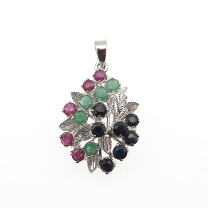 925 Sterling Silver Vintage Real Ruby Emerald & Sapphire Floral Charm Pendant