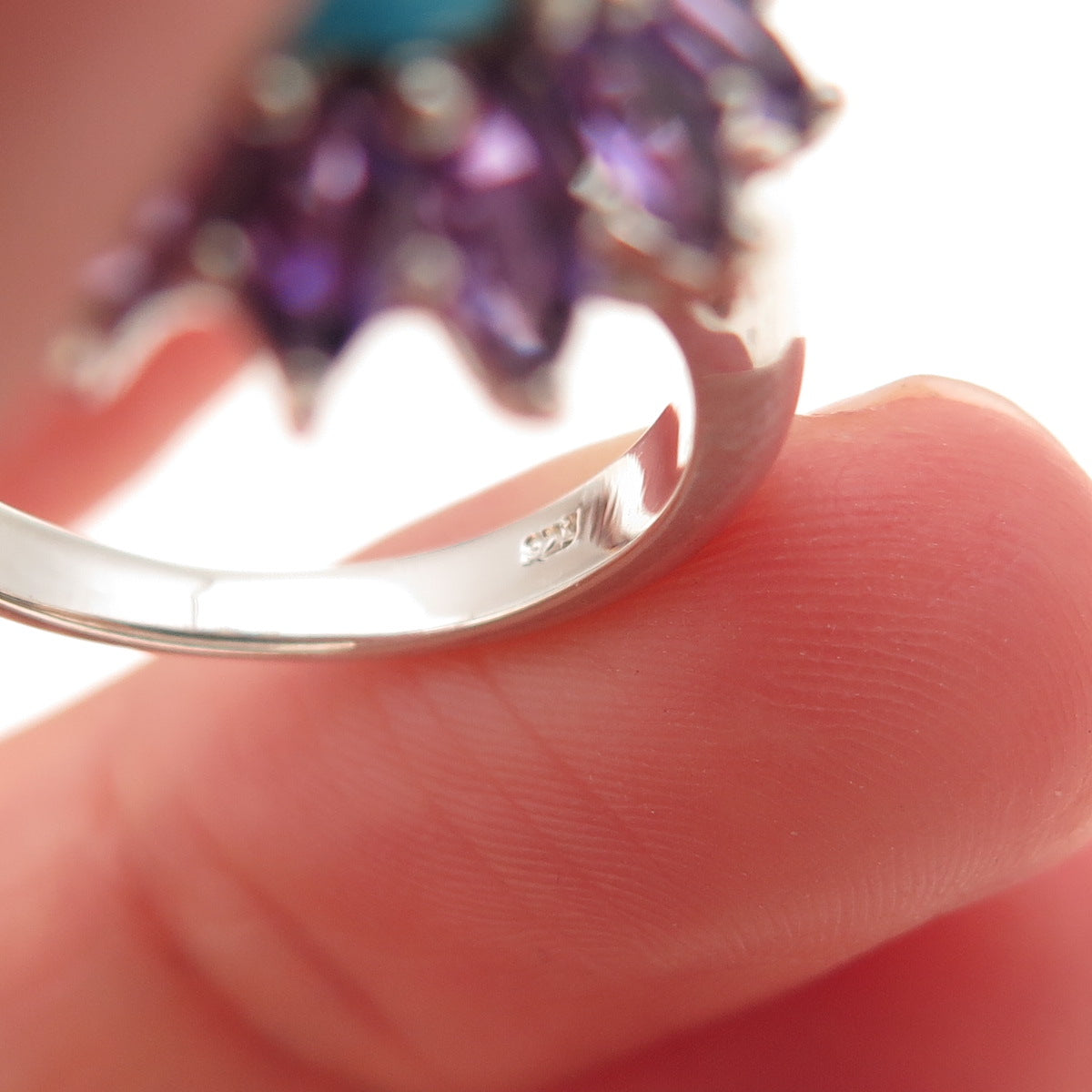 Chuck Clemency 925 Sterling Silver Real Turquoise & Amethyst Floral Ring Size 8