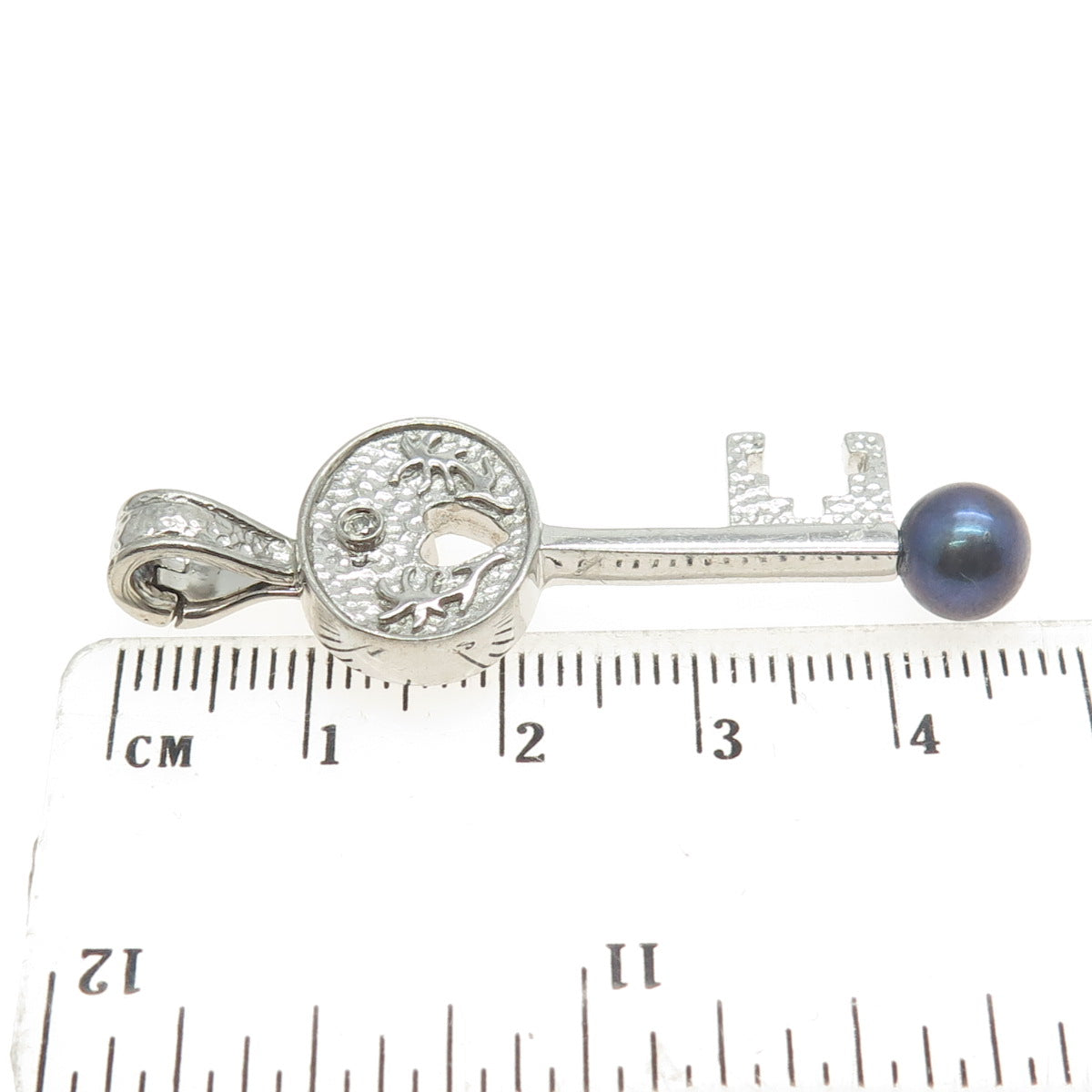 925 Sterling Silver Real White Diamond & Tahitian Pearl Key Pendant