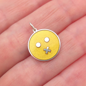 925 Sterling Silver Yellow Enamel Mouth Shut Emoji Round Tag Mini Charm Pendant