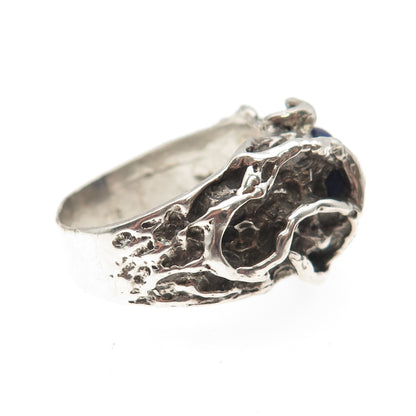 925 Sterling Silver Vintage Real Lapis Modernist Oxidized Ring Size 9