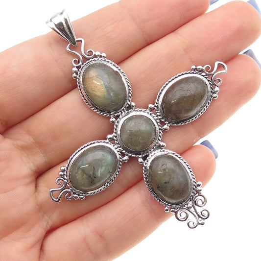 M.R.F. RESOURCES 925 Sterling Silver Vintage Real Labradorite Cross Pendant