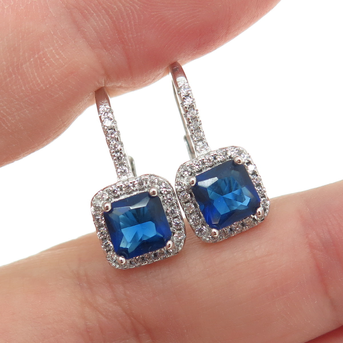 925 Sterling Silver Princess & Round-Cut Blue White C Z Cushion Earrings