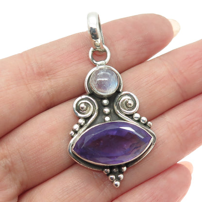 925 Sterling Silver Vintage Real Amethyst & Moonstone Gem Boho/Ethnic Pendant