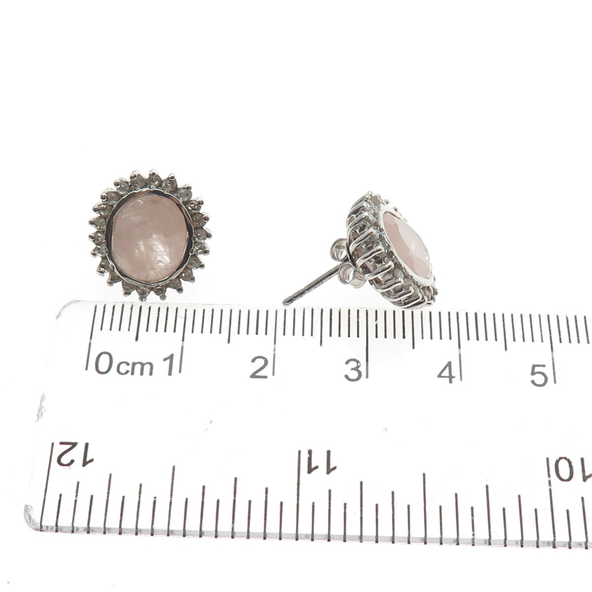 925 Sterling Silver Real Round-Cut Diamond & Oval-Cut Rose Quartz Earrings