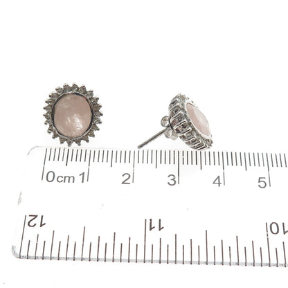 925 Sterling Silver Real Round-Cut Diamond & Oval-Cut Rose Quartz Earrings