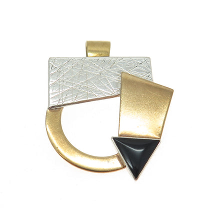 925 Sterling Silver 2-Tone Vintage Real Black Onyx Modernist Geometric Pendant