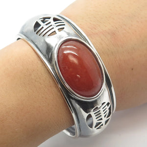 925 Sterling Silver Vintage Real Red Jade Gemstone Adjustable Cuff Bracelet 7.5"