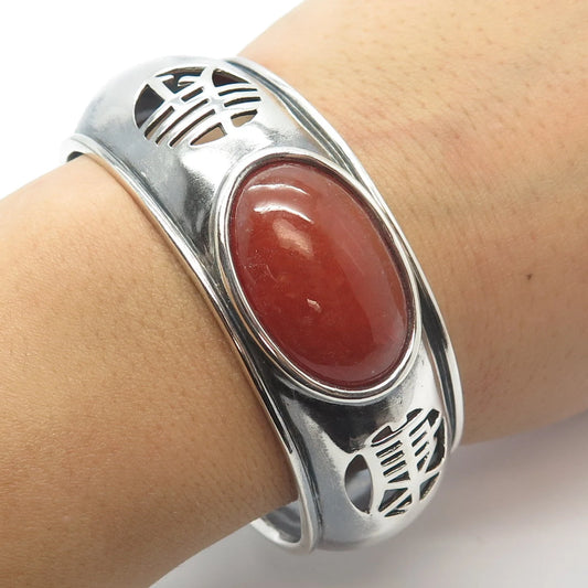 925 Sterling Silver Vintage Real Red Jade Gemstone Adjustable Cuff Bracelet 7.5"