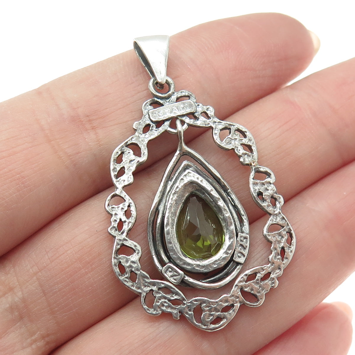 OR PAZ PZ 925 Sterling Silver Vintage Israel Real Peridot Oxidized Pendant