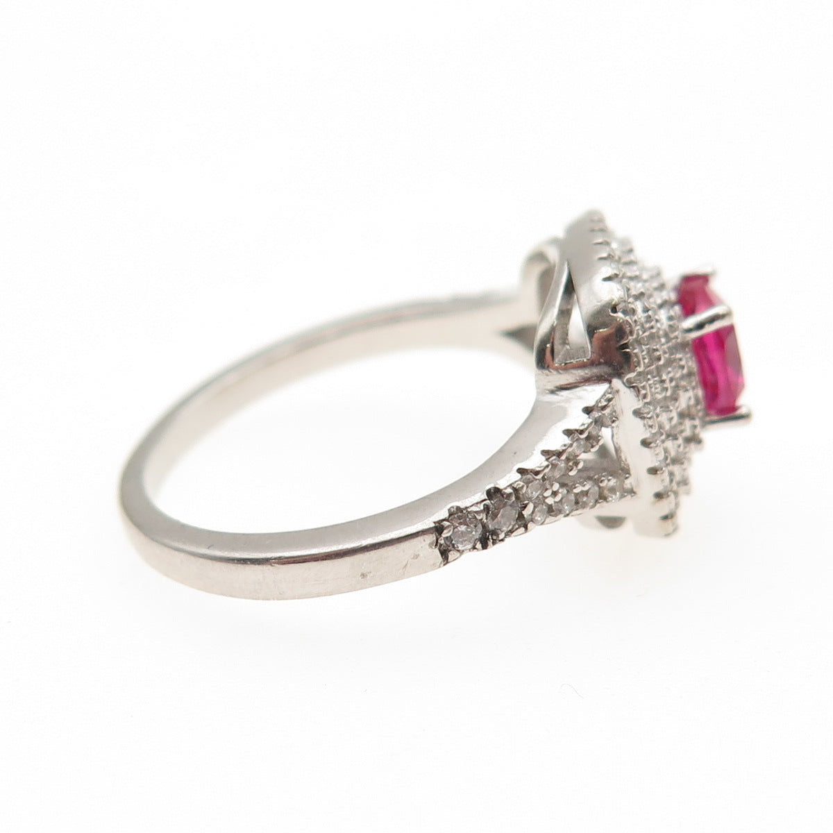 925 Sterling Silver Vintage Cushion-Cut Lab-Created Ruby & C Z Ring Size 7