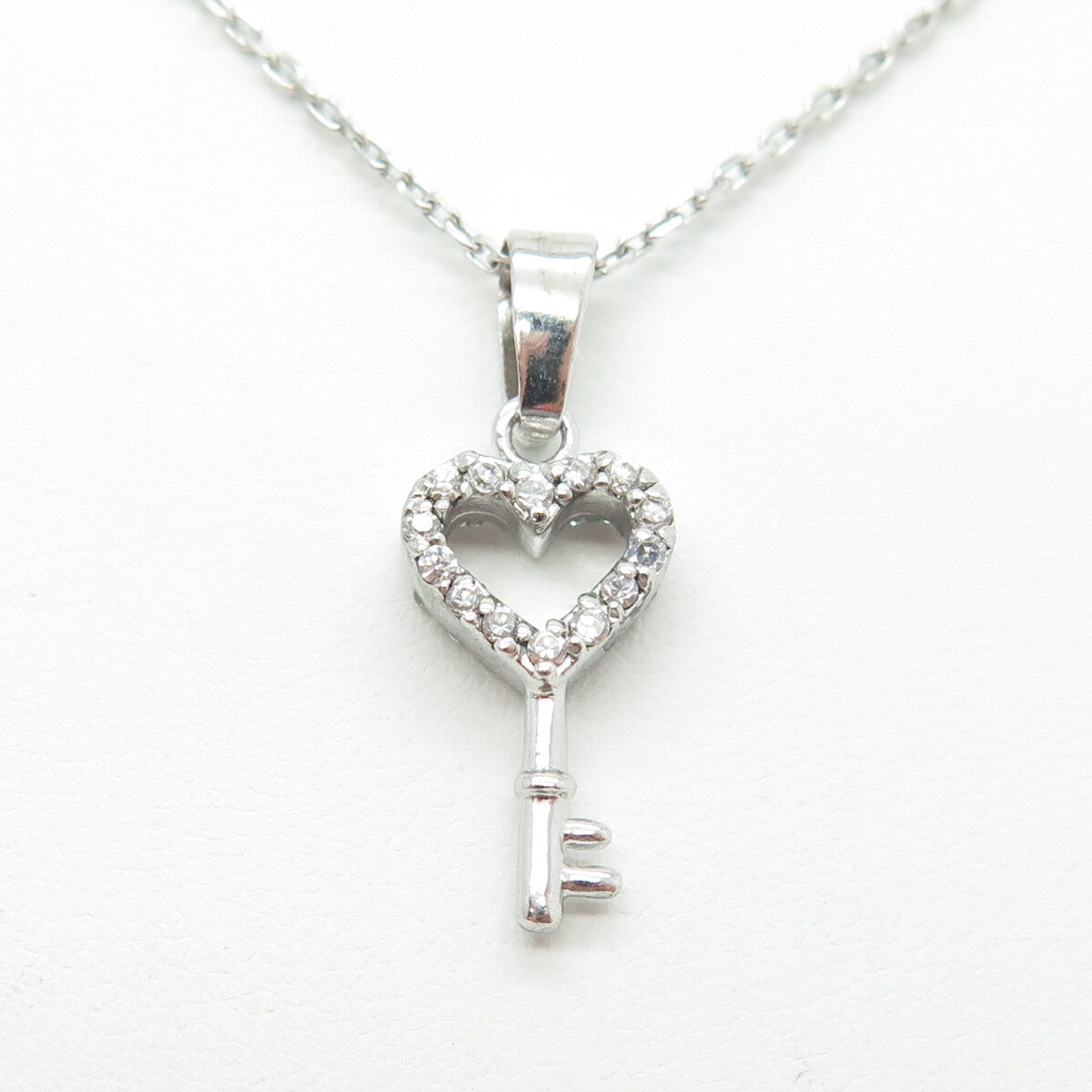 925 Sterling Silver Round-Cut C Z Heart Key Cable Chain Necklace 16"