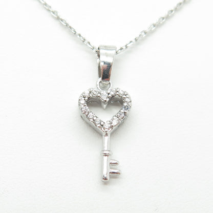 925 Sterling Silver Round-Cut C Z Heart Key Cable Chain Necklace 16"