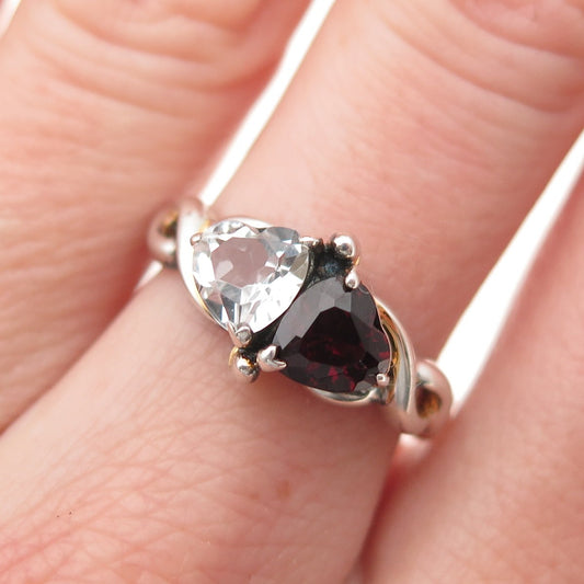 BGE Bradford Sterling Silver Vintage Real White Topaz Red Garnet Ring Size 6.75