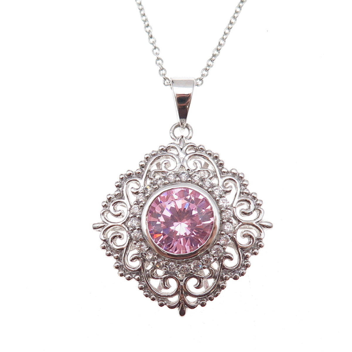 925 Sterling Silver Round-Cut Pink & White C Z Floral Cable Chain Necklace 18"