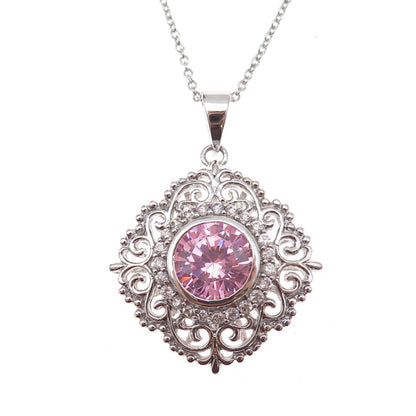925 Sterling Silver Round-Cut Pink & White C Z Floral Cable Chain Necklace 18"