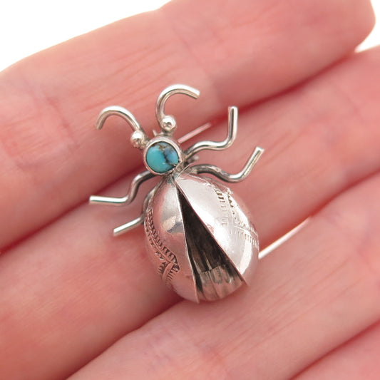 Old Pawn 925 Sterling Silver Vintage Southwestern Turquoise Beetle Pin Brooch