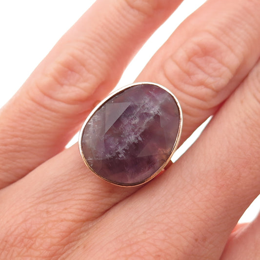 925 Sterling Silver Gold Plated Vintage Real Amethyst Modernist Ring Size 6