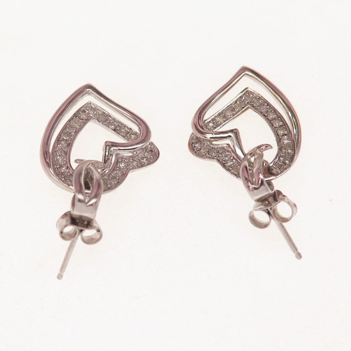 SAI 925 Sterling Silver Real Round-Cut Diamond Double Heart Dangle Earrings