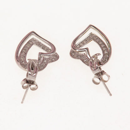 SAI 925 Sterling Silver Real Round-Cut Diamond Double Heart Dangle Earrings