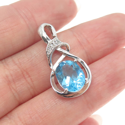 925 Sterling Silver Real Round-Cut Diamond & Blue Topaz Twisted Pendant