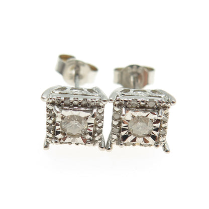 925 Sterling Silver Real White Diamond Square Stud Earrings