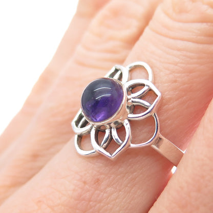 925 Sterling Silver Vintage Real Amethyst Flower Ring Size 7
