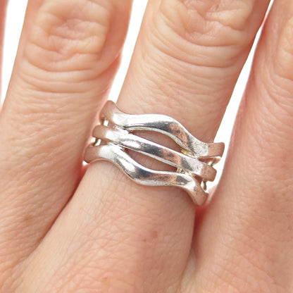 925 Sterling Silver Vintage Modernist 3-Row Wavy Band Ring Size 7.25