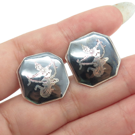 925 Sterling Silver Antique Art Deco Siam Niello Hindu Goddess Cufflinks